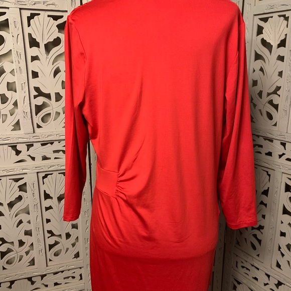 K JORDEN BRILLIANT RED ROUCHED & RUFFLED LONG SLEEVE STRETCHY MIDI DRESS - Picture 5 of 9